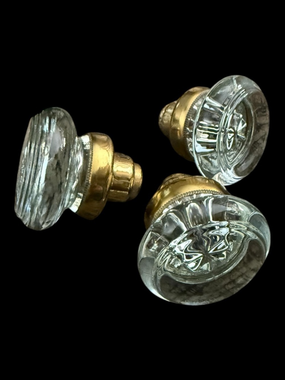 Antique 1920’s-Era Round Crystal Glass Door Knobs w/Brass Bases - Set of 3